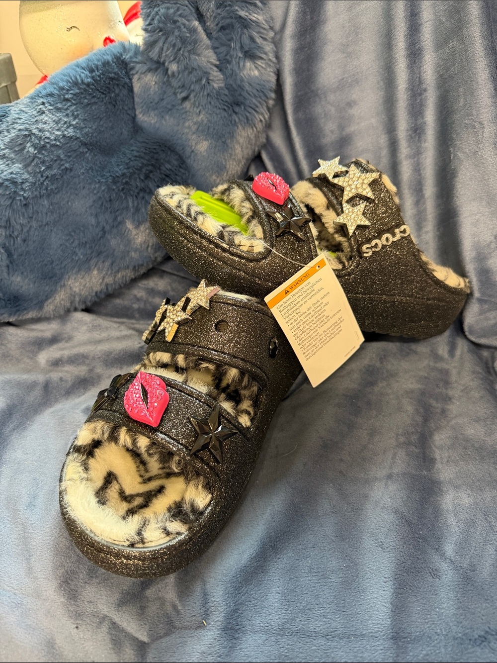 CROCS Black Glitter Fuzz-Lined Clog Mules with Star & Lip Charms